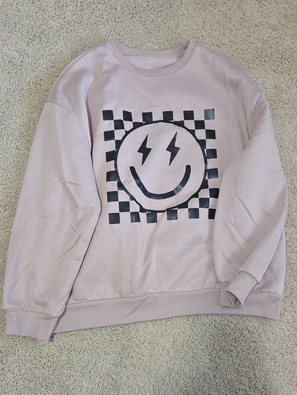 Tan Graphic Crewneck Sweatshirt - Smiley Checker Design